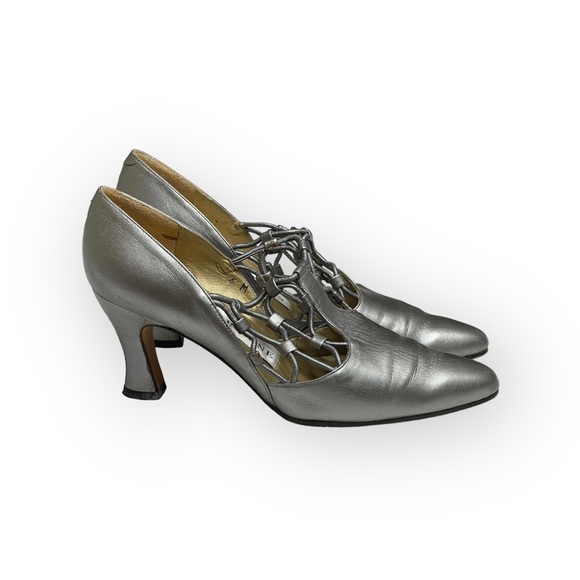 Vintage: Evan Picone ♚ Lattice Mary Janes Heels Pumps ♚ Metallic Silver Leather - Picture 2 of 16